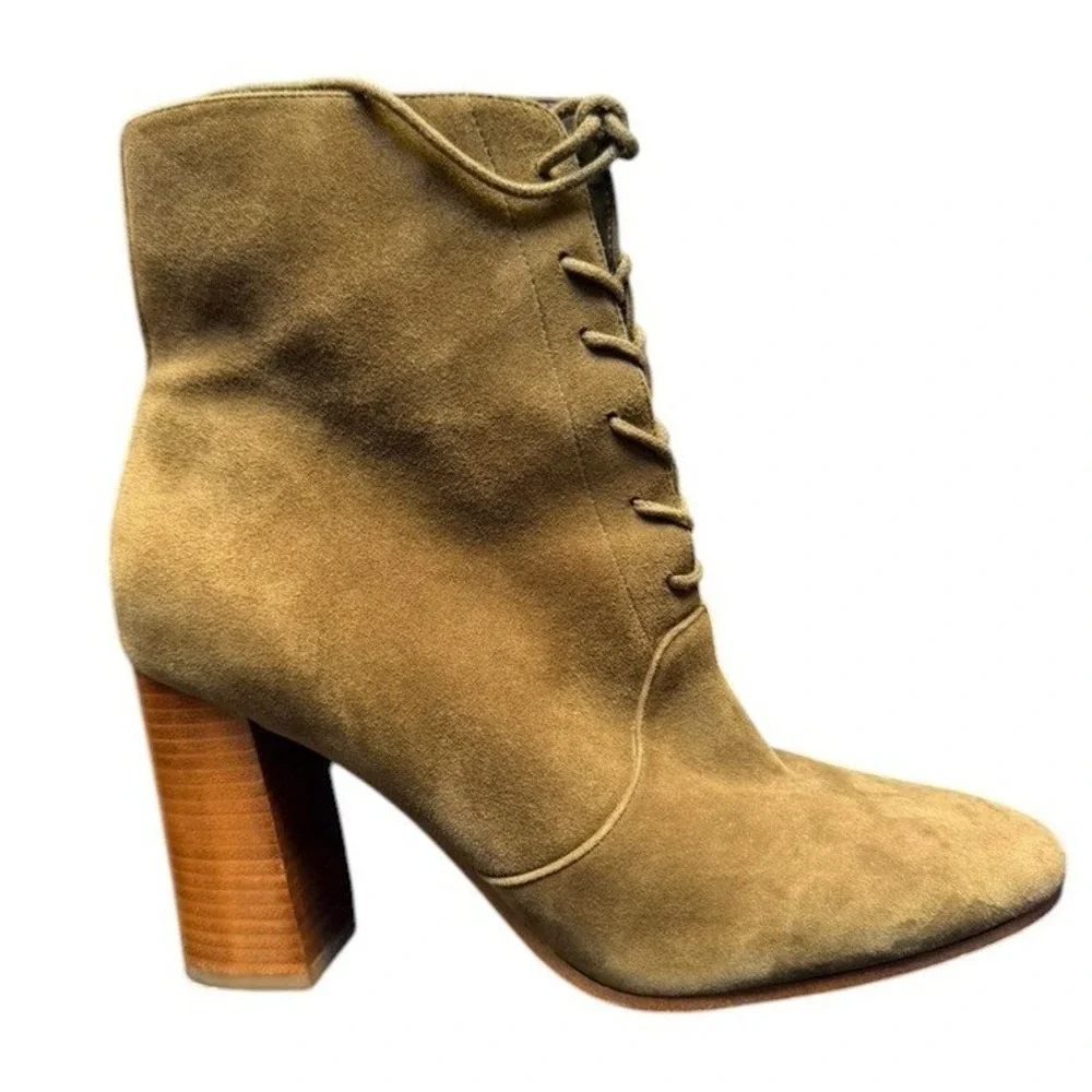 Marc Fisher‎ Ankle Boots Womens 10 Olive Green Suede Lace Up Side Zip Block Heel